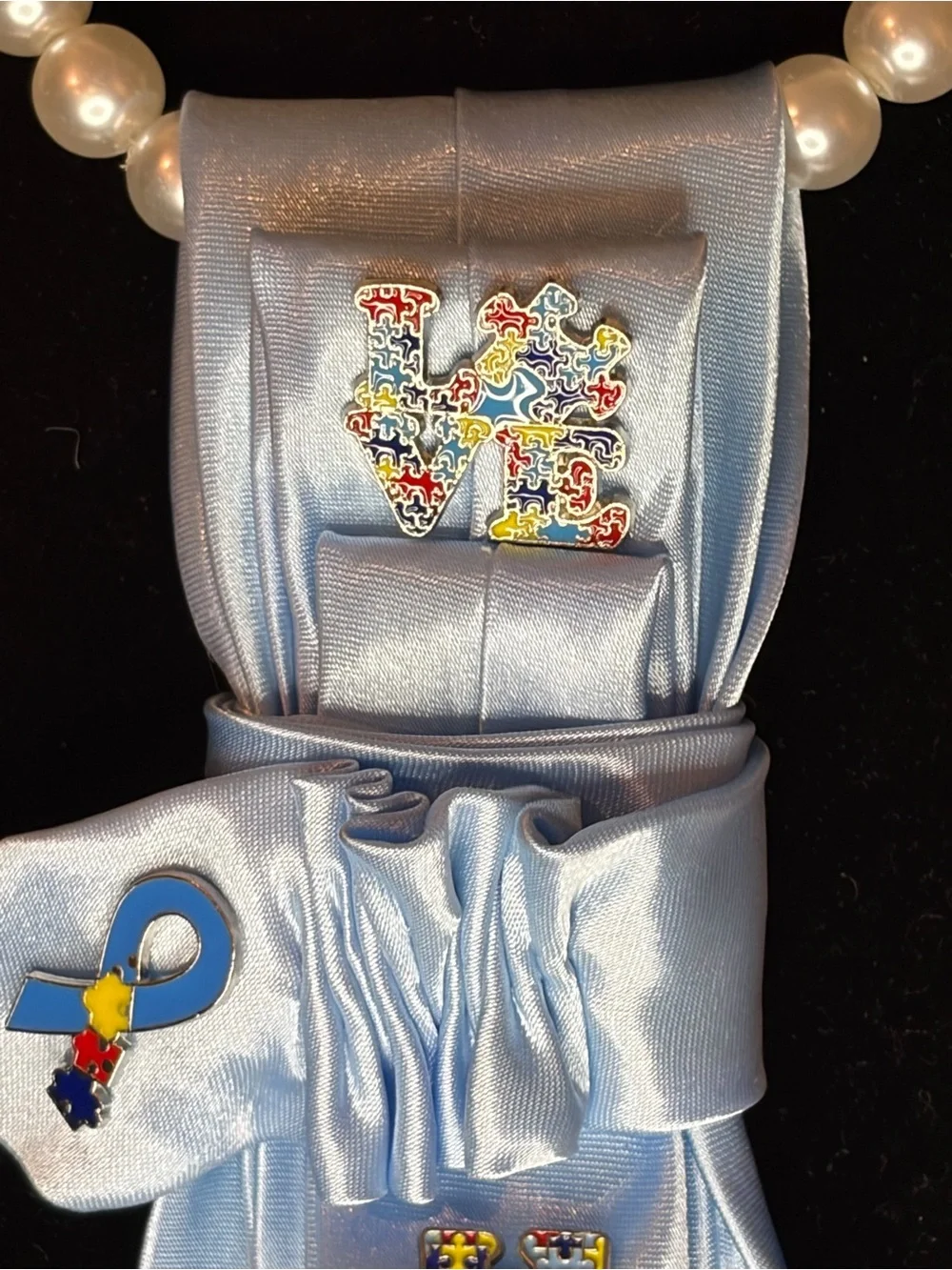Light Blue Womens Satin Tie with Autism Awareness Pins